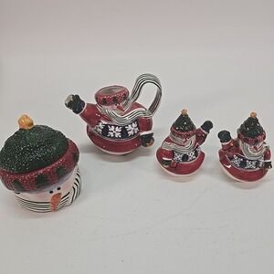Vtg World Market Cozy Snowman Teapot Scarf Handle Salt & Pepper Shakers Sugar Bo